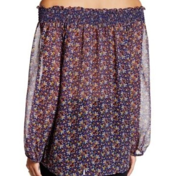 JOIE Azzedine Silk Multicolor Smocked Off Shoulder Sheer Pattern Blouse XS $268 - Picture 2 of 7